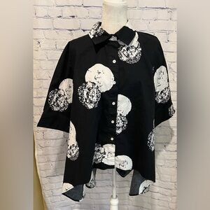 Truth & Style Shirt Womens Hi Low Button-Up Tunic Black/White 3/4 Sleeve MP